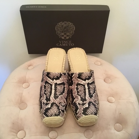 Vince Camuto Leather Python Snakeskin Print Espadrille Heeled Mules Brand New - Picture 2 of 9